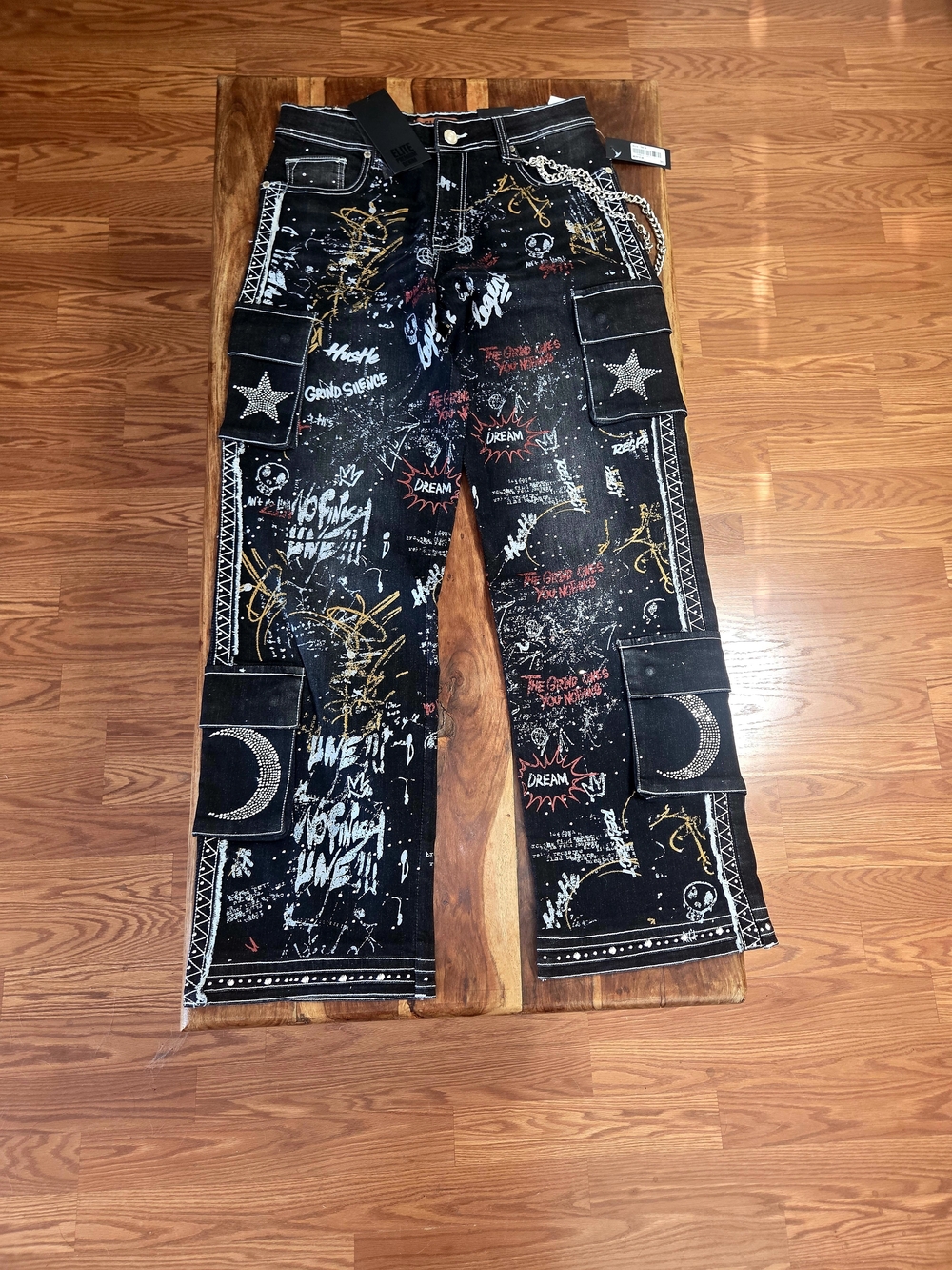 Elite Premium Denim Men's Black Graffiti Print Relaxed Jeans. 30x32